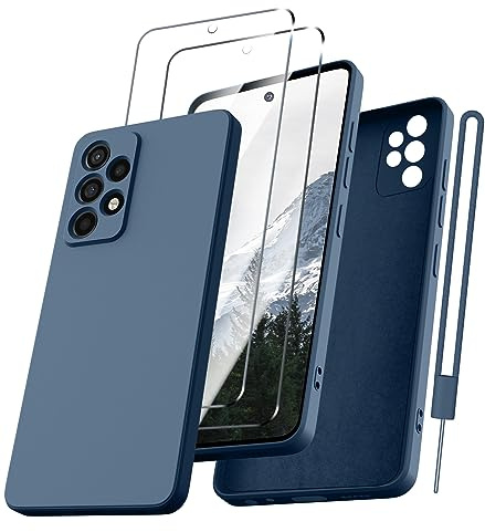Kukiwhy für Samsung Galaxy A52S 5G/ A52 Hülle mit 2 Stück Panzerfolie, Handyhülle für Samsung A52 Ultra Dünn Slim mit Microfiber, Kratzfeste Rundumschutz Schutzhülle für Samsung A52 Hülle-Dunkel Blau