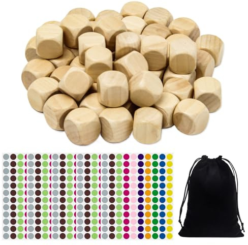 Neikafan 50 Pezzi Dadi Di Legno 20mm Dadi In Legno A Forma Di Cubo Non Verniciato Cubi Con Nero Drawstring Sacchetto E Colore Dot Sticker Per Artigianato,Puzzle
