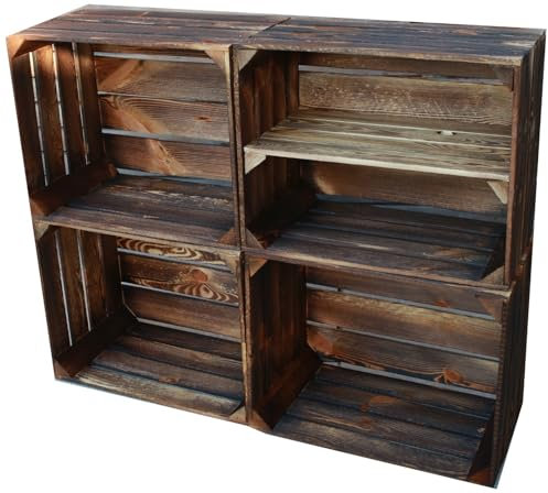 Teramico Holzkisten Obstkisten Weinkisten geflammt dunkel 50 x 40 x 30cm in tollen Set-Angeboten als Regal oder zur Aufbewahrung (4er Set | 1 x Boden Lang)