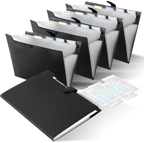 FRETONBA A4 Dokumentmapp med 7 fack, Dokumentmapp 5 stycken, Plastfäste A4 Stabil Etikettdesign, Ringmapp med Knappdesign Förhindrar Spill, Register för Ordning, Svart