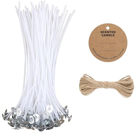 Candle Wicks, 50 Pcs 10cm Cotton Pre Waxed Candle Wicks for Making Candles with 20 Tag Labels and 20 Jute Strings, Long Lasting with No Black Smoke for DIY Crafts