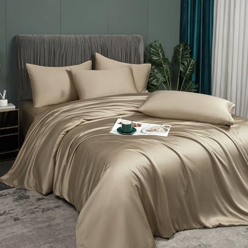Luofanfei Funda nórdica de bambú 220 x 240 cm, color taupe caqui, para adultos, 2 personas, Lyocell, juego de ropa de cama liso, seda lisa, sedosa, brillante, moderno, funda nórdica, conjunto de ropa