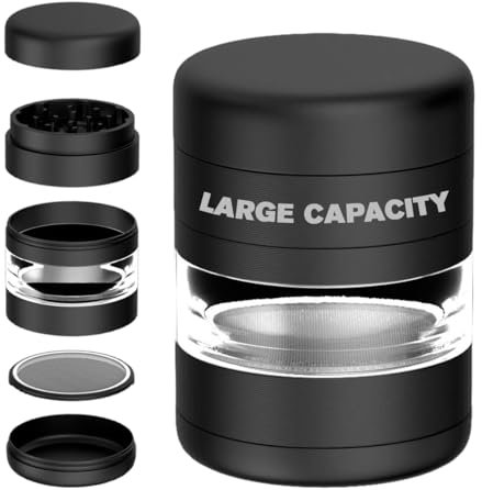 Grinder metal 5 partes con Capsula de Cristal de gran capacidad | Aluminio CNC Premium Anodizado de grado industrial | 54mm de diámetro | Molinillo para Especias y hierbas (Negro)