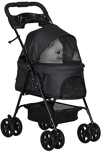 PawHut Dog Pram Dog Stroller Foldable Pet Pushchair with 4 Wheels, Safety Leashes, Cup Holder for Small Dogs, Black