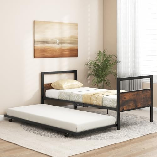 COSTWAY Letto Estraibile, Divano Letto Singolo con Luci LED e Stazione di Ricarica, Lettino Matrimoniale con Struttura in Metallo, 2 Pz 90x200 cm, per Soggiorno e Camera da Letto (Stile 2 Marrone)