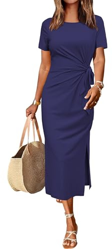Newshows Summer Dresses for Women UK Casual Long Maxi Dress Tie Waist Elegant T Shirt Sundress with Split Navy Blue,M