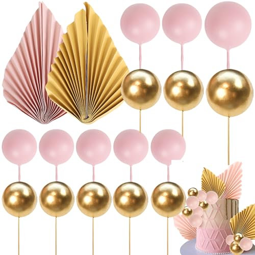 Xsstarmi 28 Pack Pink Gold Paper Palm Fan Cake Topper Pink Gold Balls Cake Pick Decoration for Baby Shower Wedding Bridal Shower Birthday Party DIY Cake Decorations Supplies