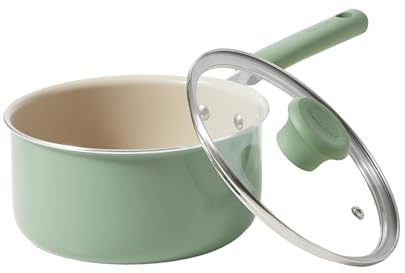 Redchef Ceramic Nonstick Saucepan with Lid,18cm Small Cooking Pot, Non Toxic Sauce Pans for Kitchen, Cool Handle PFAS Free Compatible with All Cooktops, Green