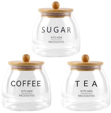 Hafuvool Tea Coffee and Sugar Canisters Set, Set of 3 650ml Airtight Glass Storage Jars with Bamboo Lids Easy to Open Tea Coffee Sugar Jars Kitchen Canisters