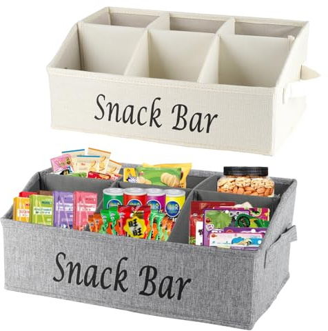 Xbopetda 2 Pack Snack Box Container, 6 Compartment Snack Tray with Handle, Food Storage Organizer Bin, Trapezoid Storage Basket for Chips Candy Snack, Snack Bar Organizer for Pantry Storage-Beige&Grey