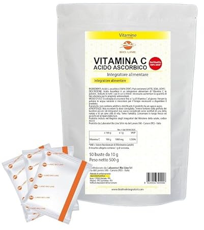BioLine - Acido Ascorbico Red Quality - Vitamina C DSM in Polvere Pura 500 g (50 bustine da 10 grammi) Integratore Difese Immunitarie con Elevata Concentrazione di Antiossidanti Integratori Alimentari