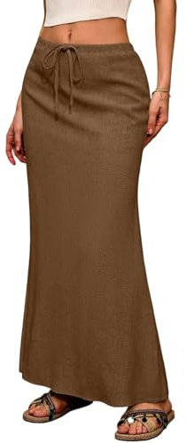 Gonna estiva da donna in cotone, lunga A-Line maxi gonna con spacco laterale, casual, tinta unita, leggera, marrone, xxl