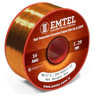 Emtel 1,29 mm (16 AWG) – 225 g (8 oz) – Filo di rame smaltato da 19 metri – Classe di calore 220°C (428°F) – Filo avvolgente doppio isolato per motori elettrici, trasformatori e bobine magnetiche