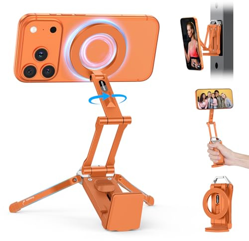 OMOTON TP02 Aluminio Trípode Magnético para Teléfono, Rotación 360° para Trípode con MagSafe, Soporte Ajustable 4 en 1 para iPhone 17/16/15/14 Pro MAX Air, Ideal para Gimnasio, Vlogs y Viaje, Naranja