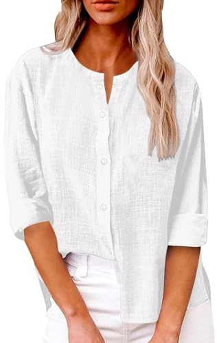 Linen Shirt Women Summer Lightweight Collarless Button Down Shirt Smart Casual Blouse Loose Fit Long Sleeve Tee Shirts Office Work Blouses & Shirts Fashion Spring Going Out Tops,White,L