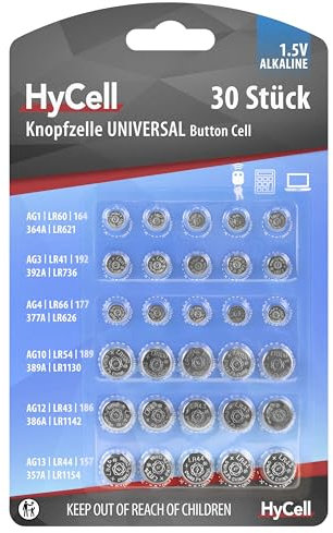 HyCell Alkaline Knopfzellen Set AG1, AG3, AG4, AG10, AG12, AG13, 1,5V, 30 Stück, Knopfzellenbatterie, für Uhren, Spielzeug, Taschenrechner, Fernbedienung