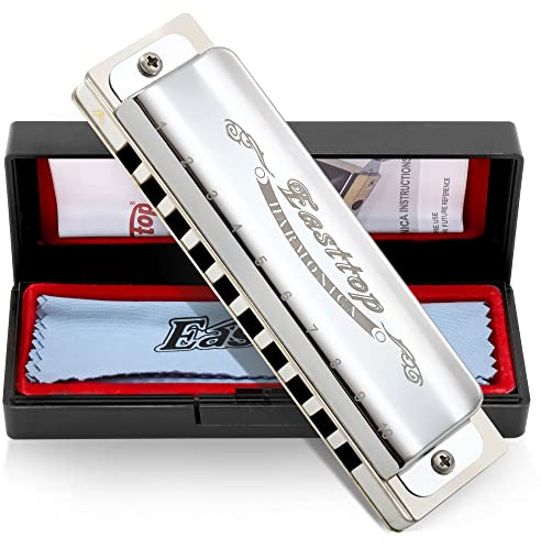 East top Harmonica, Diatonic Blues Harmonica Key of C, 10 Holes Diatonic Blues Mouth Organ T008, Silver Harmonica For Adults, Professional Player and Students