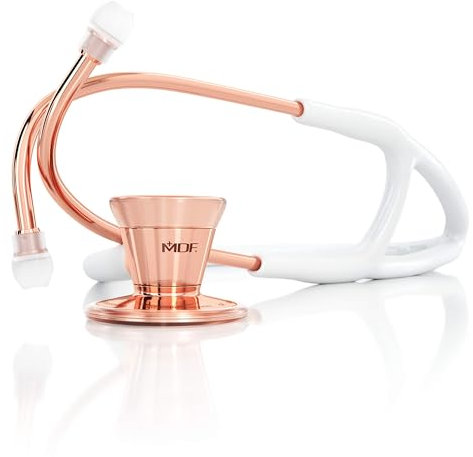 MDF Classic Cardiology - Klassisches Kardiologie-Zweikopf-Stethoskop - mit Bruststück und Kopfteil aus rostfreiem Stahl - Weiß/Roségold (MDF797RG-29)