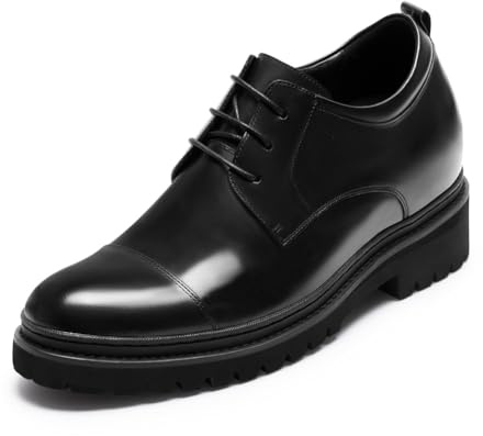 CHAMARIPA Scarpe Rialzate Uomo 9 cm Aumento Altezza Invisibile, Derby con Suola Spessa a Punta Tonda in Pelle Nera 42 EU