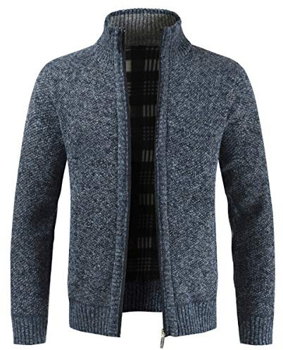 Sliktaa Herren Strickjacke Warm Fleece-gefüttert Wintermantel mit durchgehendem Reißverschluss Blau M