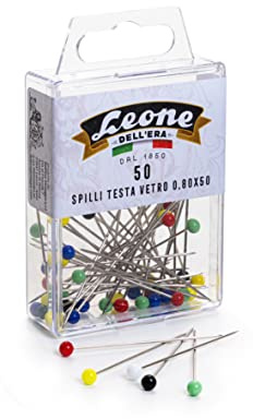 Alfileres de hierro niquelado con cabeza de cristal de color Leone Dell'Era – mm 0,80 x 50 – Mezclado, caja colgante de 50 unidades