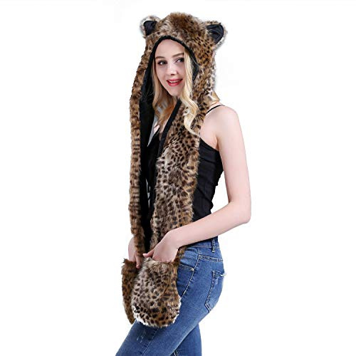 Frauen Teen Mädchen Faux Pelz Kapuzenschal Hüte 3 in 1 Hut Handschuhe Schal Vollkapuze Hoodie Winterschal Warm Weich Flauschig Trapper Hut Niedliche Tiermütze mit Fäustling Tasche Handschuhe Langer