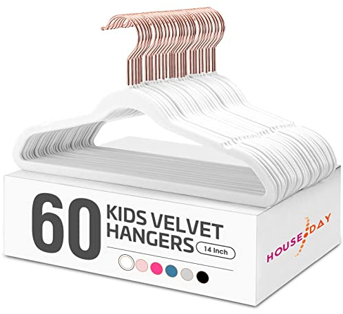 House Day Samt-Kleiderbügel, 60 Stück, Premium-Kinder-Kleiderbügel für Schrank, ultradünn, niedlich, rutschfest, Kleiner Filz-Kleiderbügel, 35,6 cm, für Kinderkleidung, Weiß