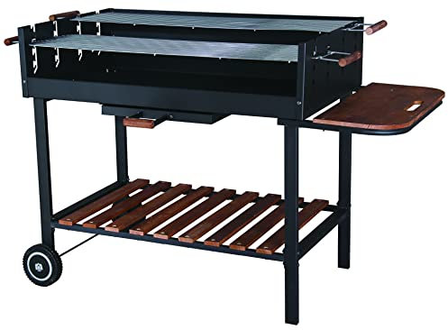 Tarrington House Barbacoa de Carbón Bratislava, Acero/Madera de Pino, Mesa Auxiliar, Ruedas, Rejilla Regulable en Altura, Estantería inferior, Negro