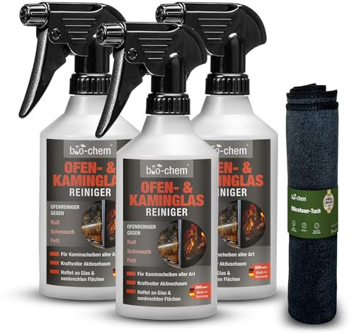 Bio-Chem - Limpiacristales para chimeneas 3 x 500ml + paño de microfibra - Productos de limpieza y accesorios para estufas de leña, de pellets - Limpiacristales