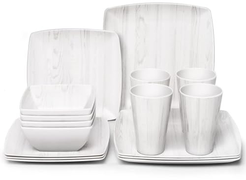 Melamine Dinnerware Set 16Pcs Wood-looking - Dish Dishware Square Mugs Tumbler Wood Grain Woodland Plastic Outdoor Plates Bowls Durable Service for 4