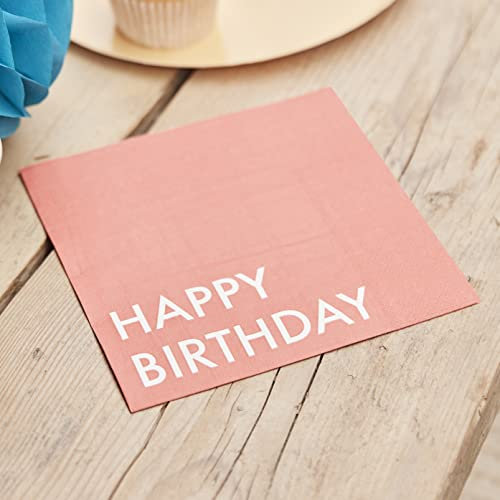 Ginger Ray Eco Paper Party Happy Birthday Colourful Red Napkins - Pack of 16