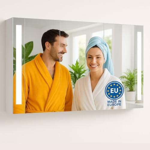 HAPA Design Badspiegelschrank 120 cm mit austauschbarer LED-Beleuchtung, Steckdose und Schalter, Weiß