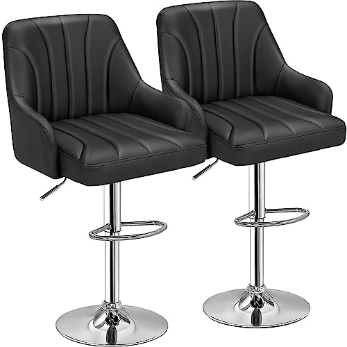 VECELO Bar Stools Set of 2, Adjustable Barstools, Counter Height Stools with Back and Arm, Kitchen Island Stools, Swivel PU Chairs for Pub, Dining Room, Modern Style, Black