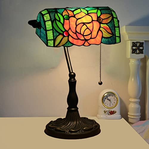 errzom Banker Lamp, Bankers Lamps for Desk,Banker Desk Lamp,Tiffany Bankers Lamp, Stained Glass Lamp, Humming Bird Flower Rose Butterfly Pattern Coloured Glass Lampshade Alloy Base,Red Rose
