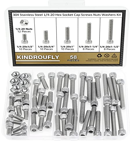 Kindroufly 58 Pieces 1/4-20 x 1/2, 3/4, 1, 1-1/4, 1-1/2, Hex Socket Head Cap Screws Nuts Assortment Kit, 304 Stainless Steel, Fully Machine Thread