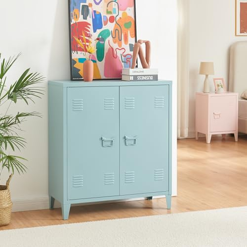 [en.casa] Armario Metálico de Oficina con Cerraduras Magnéticas Mueble Organizador con Estante Regulable Ventilación Óptima Acero 90 x 80 x 33 cm - Azul Grisáceo
