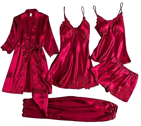 EMUKFD - Set di pigiami da donna, 3 pezzi e 5 pezzi, biancheria da notte in raso di seta, motivo floreale, con pizzo, vestaglia, abbigliamento da casa, loungewear, sexy, canottiera, vestito corto, 02