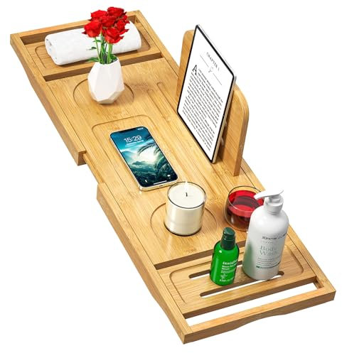 Badewannenablage Ausziehbare, Badewannenbrett mit Glas- & Tablethalter