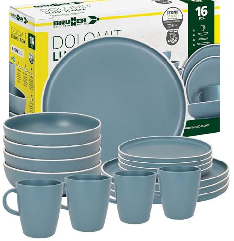 BRUNNER: Melamin Geschirr-Set Camping | 16-Teilig - Teller & Kaffe-Becher für 2-4 Personen | DOLOMIT Lunch Box - Stapelbar, Kratzfest