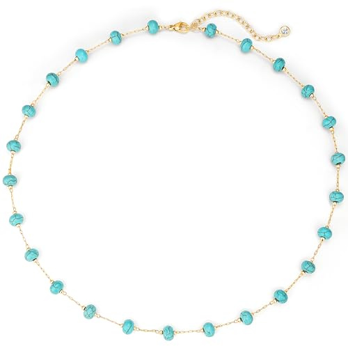 LADYGD Created Turquoise Necklace for Women 14K Gold Plated Beaded Choker Boho Necklaces Handmade Beach Summer Everyday Western Jewelry Gifts