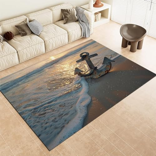 Kurzflor Teppich Anker Strand Meer Waschbarer Rutschfester Teppich 120 x 170 cm Weich Langlebig & Pflegeleicht Für Wohnzimmer Schlafzimmer, Mit Antirutschmatte Auch Für Outdoor Geeignet