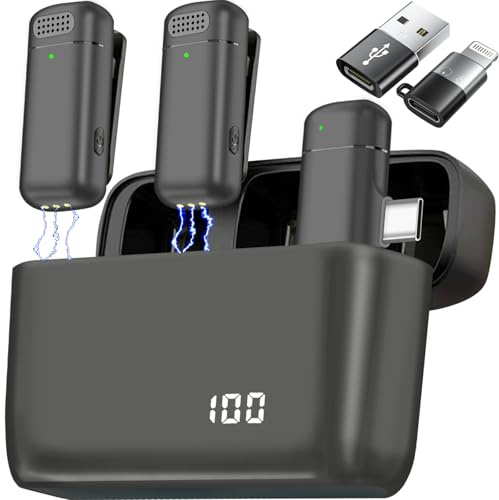2 Pcs 3 in 1 Wireless Lavalier Microphones for iPhone iPad USB C Android Laptop with Charging Case, Clip on Lapel Mic Plug-Play Cordless Mini Mic for Video Recording Vlogging, YouTube, Interview