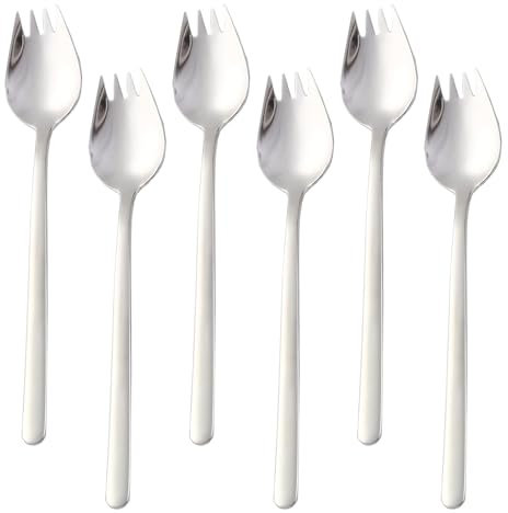 OT-NVWOZR 6 Stück 304 Edelstahl Sporks, 2 In 1 Abendessen Gabel Lang Salatlöffel Suppenlöffel Salatgabel Nudellöffel, 20cm Multifunktion Löffel und Gabel für Camping zu Hause oder auf Reisen