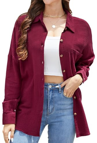 Stamain Damblus, överdimensionerad muslinblus, dam med 100 % bomull, V-ringad, avslappnad, enfärgad, skjortblus, damer, långärmad för leggings, toppar, blus för kvinnor, S–2XL, vinröd, S