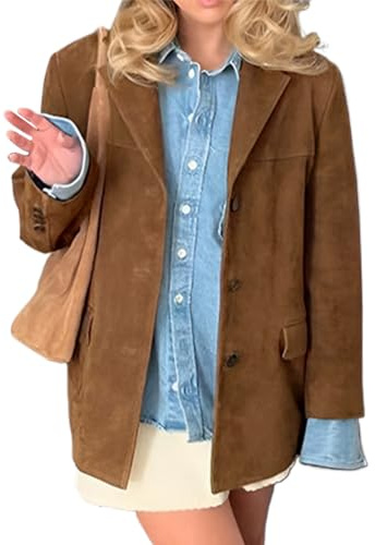 IDEALSANXUN Womens Suede Jacket Fall Winter Fashion Casual Oversized Faux Leather Blazer Jacket Trench Coat, Brown, M