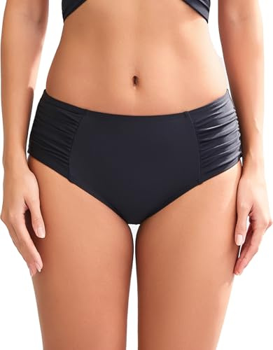 COCOPEAR Full Coverage Bikini Bottoms for Women Mid Rise Bathing Suit Bottoms for Women Ruched Tummy Control Swim Bottoms Black L