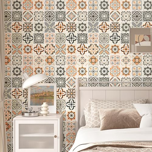 Yullpaper Selbstklebende Tapete Beige Orange Küchenfolie Selbstklebend Boho Mustertapete Klebefolie für Schrank Tapete Badezimmer Wasserfest Möbelfolie Selbstklebend Tapeten Wohnzimmer 40cm x 200cm