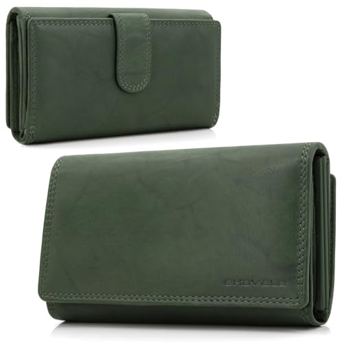 ekavale Damen-geldbörse XXL aus Rindsleder mit RFID Leder-Geldbörse mit vielen Fächern für Frau (Antik-Waldgrün)