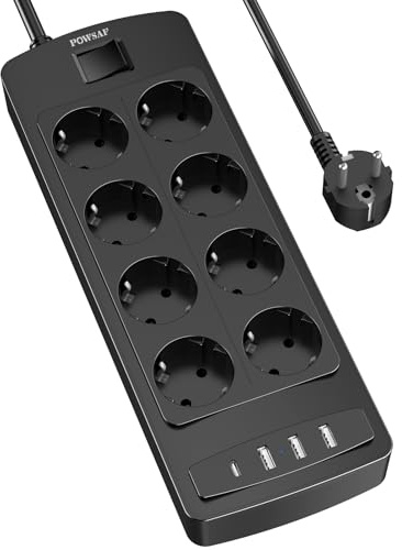 POWSAF Base de Enchufes con USB, Regleta Eléctrica 8 Enchufes y 4 Puertos USB, Regleta Multiple con Interruptor Seguro para Hogar/Oficina, Negro