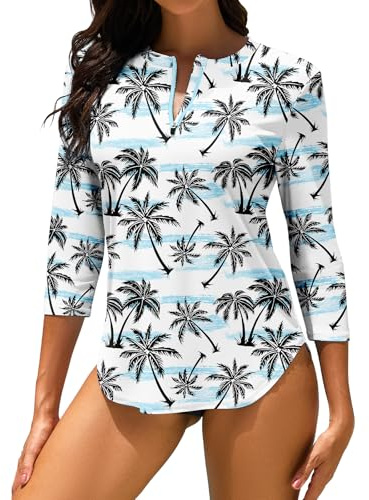 WOWENY Haut de Maillot de Bain Tee Shirt Anti UV Femme Rashguard Manches 3/4 avec Fermeture Éclair 1/4 UPF 50+ Séchage Rapide pour Sports Nautiques Surf Plage
